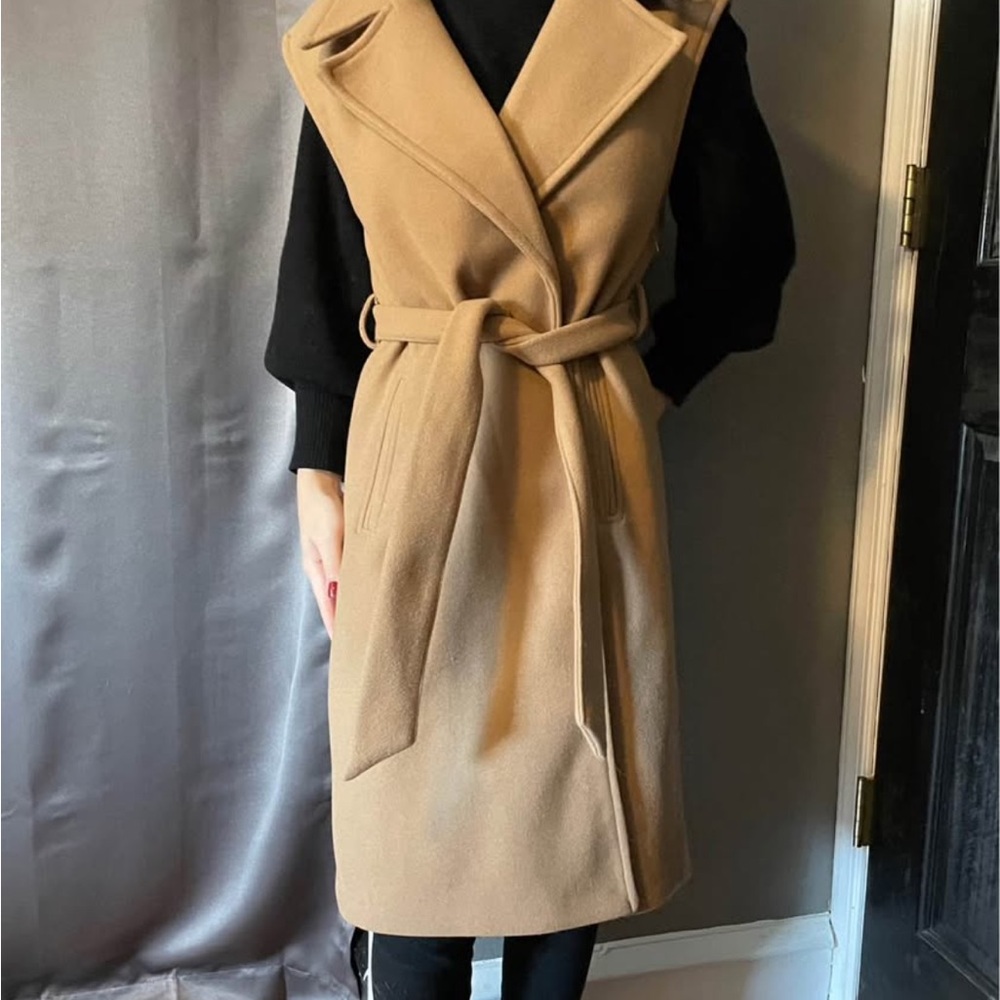 Tan Sleeveless Belted Coat